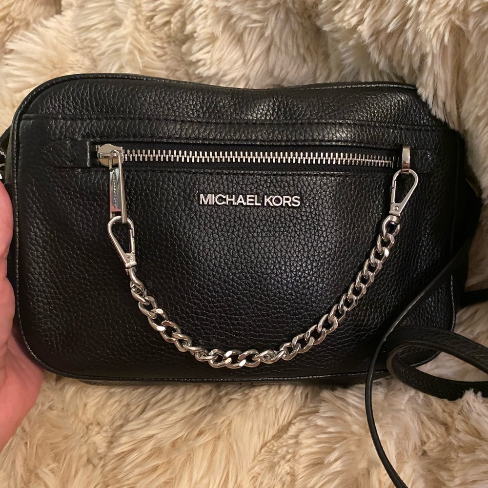 Michael Kors Black Pebbled Leather Bag with Silver Chain Accent